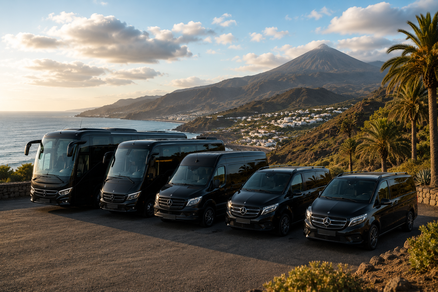 Flota de vehículos en paisaje de Canarias
