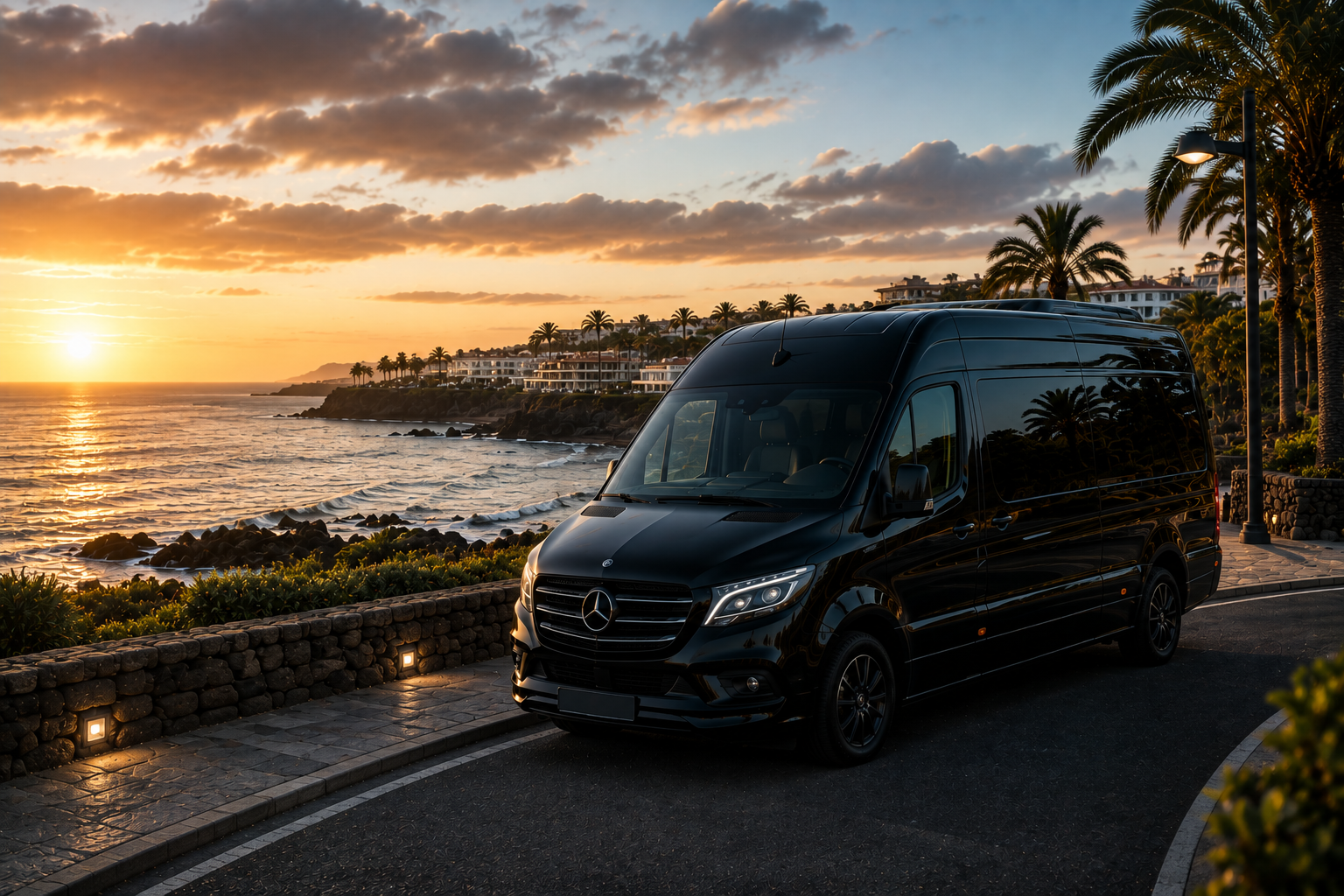 Vehículo negro junto al mar al atardecer